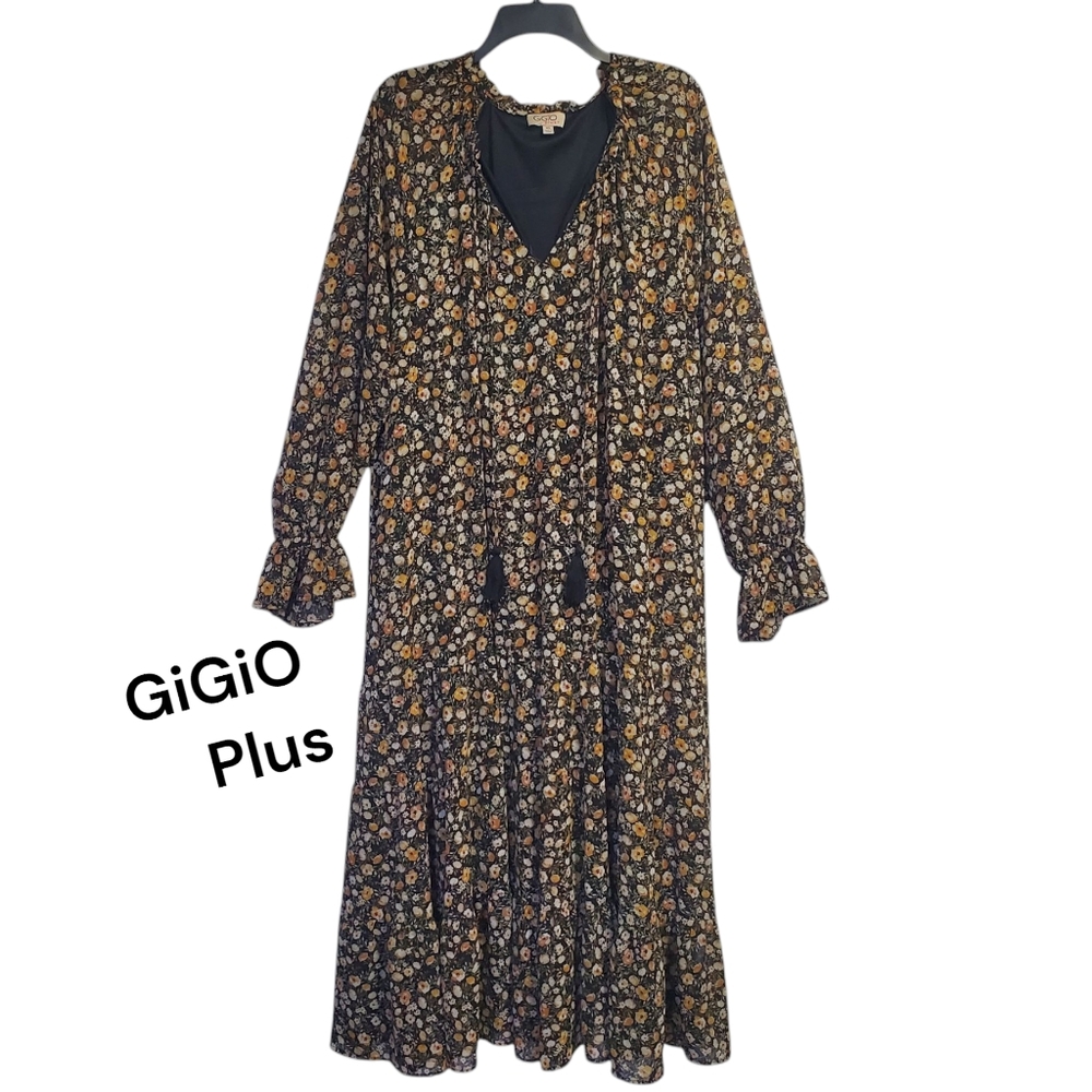 GiGiO Plus Women's Maxi Black Floral Dress Sheer Long Sleeves Size 1XL